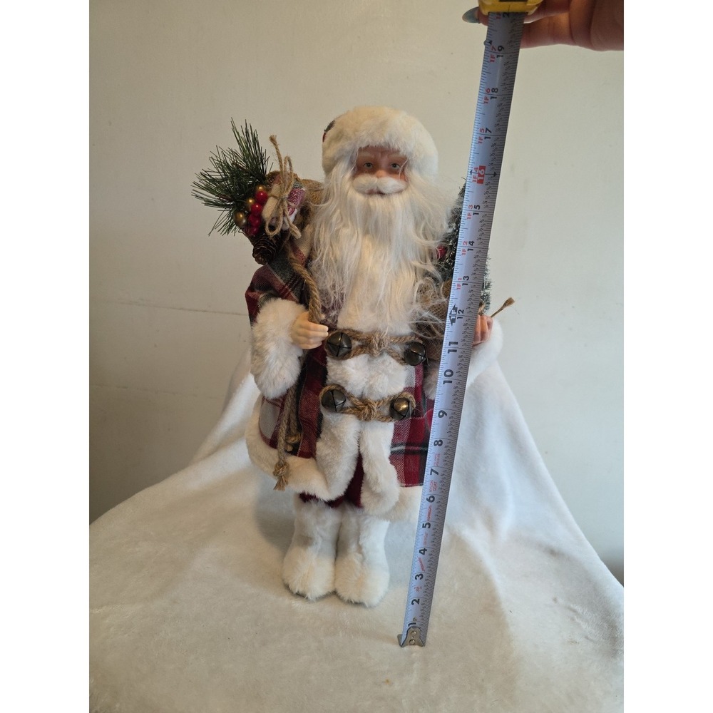 Vintage Santa Claus Figurine w/ Plaid Coat & Tree–Christmas Holiday Decor-17 in - Picture 2 of 11